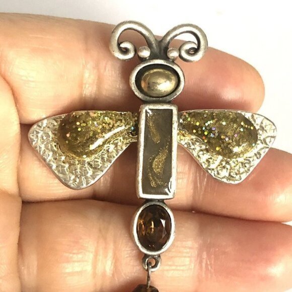 Dragonfly Brooch Amber Silver Plated - Picture 2 of 5